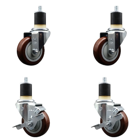 Service Caster 3.5'' Maroon Poly Wheel Swivel 1-7/8'' Expanding Stem Caster Set 2 Brakes, 4PK SCC-EX20S3514-PPUB-MRN-2-TLB-2-178